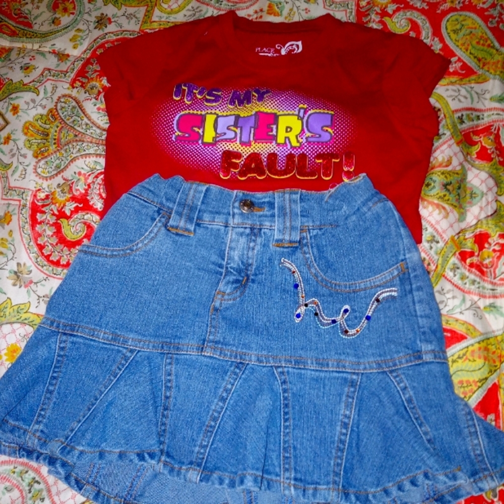 Kids girls 2-piece blue jeans JK indigo skirt set size 8 red top my sister's fau
